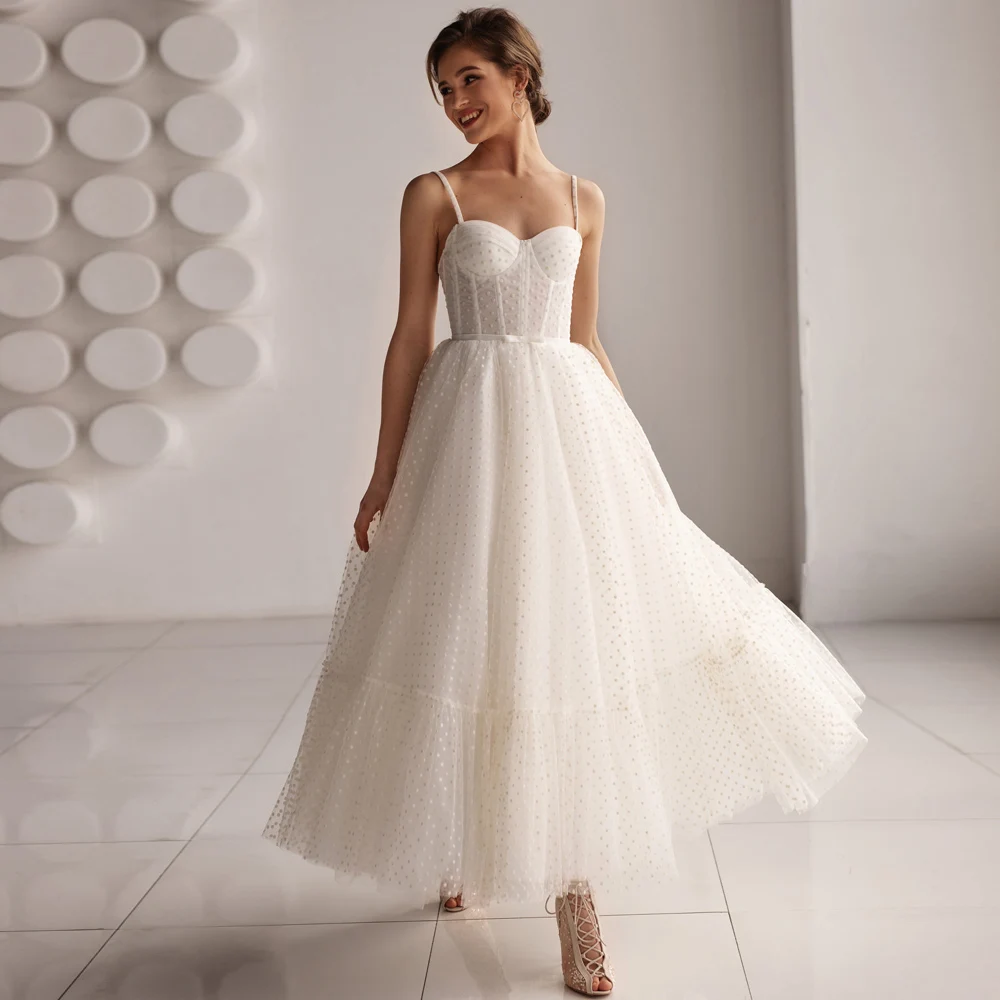 

Chic Spaghetti Straps Civil Wedding Dresses Dot Tulle A-line Ankle Length Bridal Gown Corset Short Wedding Reception Dress