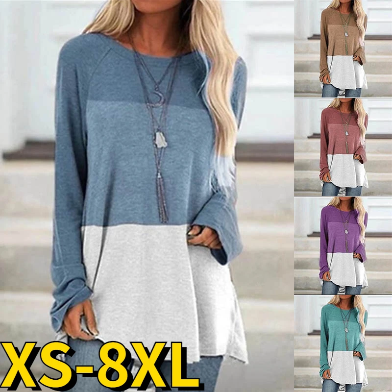 

2022 New Splice Print Top Round Neck Fashion Casual Long Sleeve Autumn Winter Loose Size T-shirt Women Weekend Retro Pullover