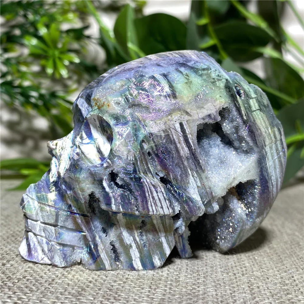 

Sphalerite Electroplate Skull Natural Crystal Quartz Geode Stone Reiki Healing Witchcraft Cranium Ornament Home Decor For Room