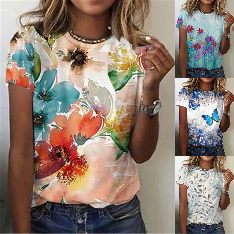 

2023 Summer Women's Huamang Print Short Sleeve Crew Neck T-shirt Female & Lady Fashion Casual Versatile Tops