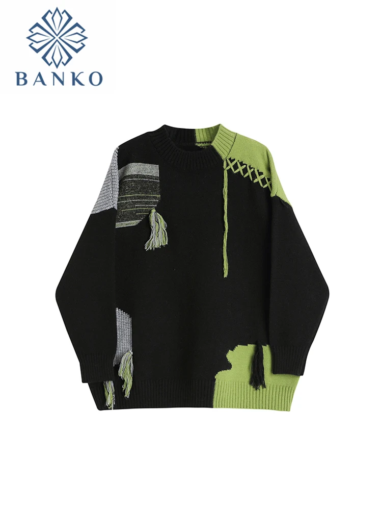 2022 Autumn New Woman Knitted Patchwork Sweater Harajuku style Oversize Casual Loose Long Sleeve O-Neck Contrast Color Sweater
