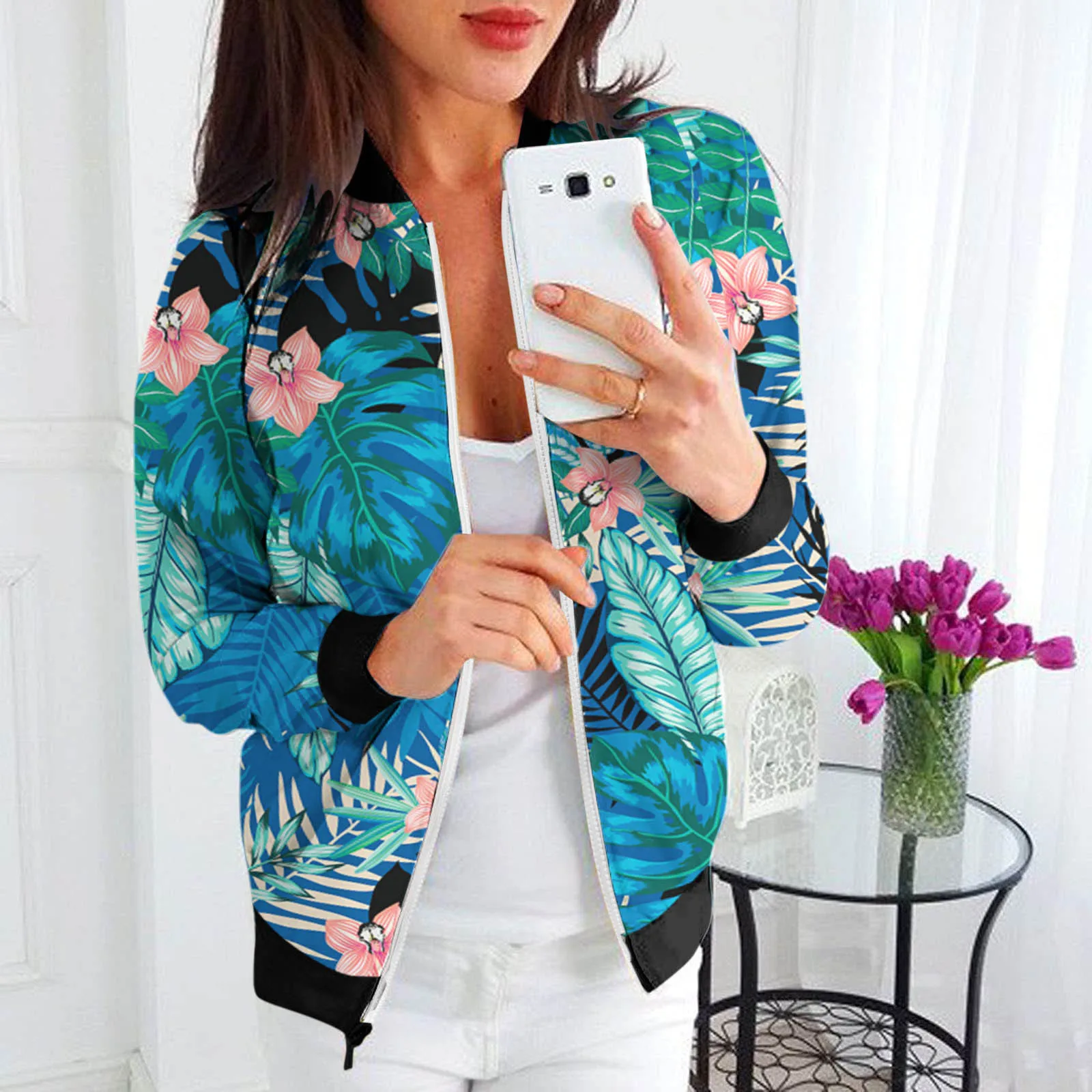 

Women's Loose Boho Coat Bright Plant Print Classic Jacket Daily Outwear With Pockets O-Neck Zipper Casual Top