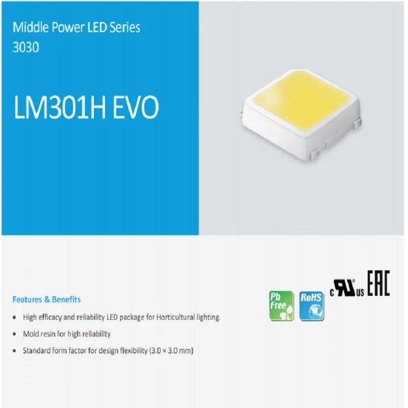 

Original Samsung LM301H EVO LED 3000K 5000K 3V 0.5W Ra80 3030 High Light Efficiency/PPE