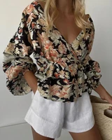 elegant floral print woman shirt tops 2022 spring office lantern sleeve v neck top summer fashion v neck loose women top