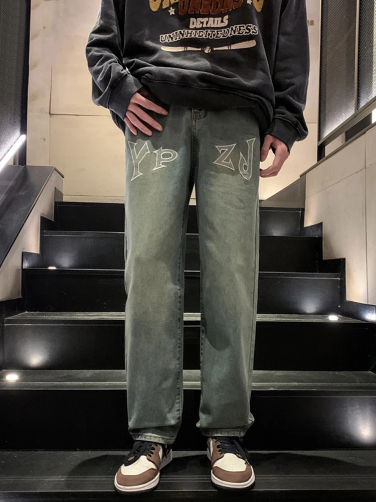 American Hip -hop Y2k Jeans Embroidered Male Loose Straight Tube Retro Old Water Washed Wide -leg Pants Clothing Jeans Casual