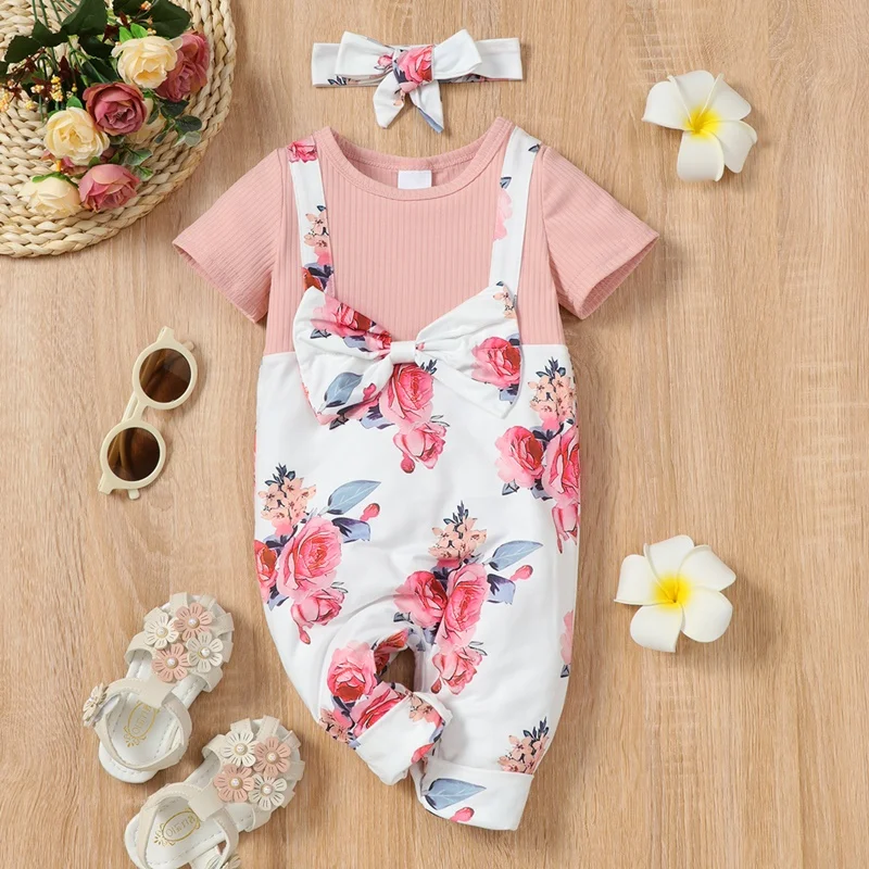 

Baby Girl Romper 2 Pcs Newborn Baby Clothes Flower Print Patchwork Bow Short Sleeve Baby Rompers+headband Summer Jumpsuit 0-18M