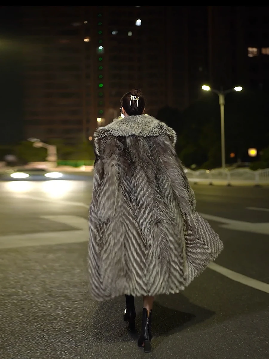High-Grade Socialite Style Fur Coat Imported Silver Fox Fox Fur Silver Fox natural color