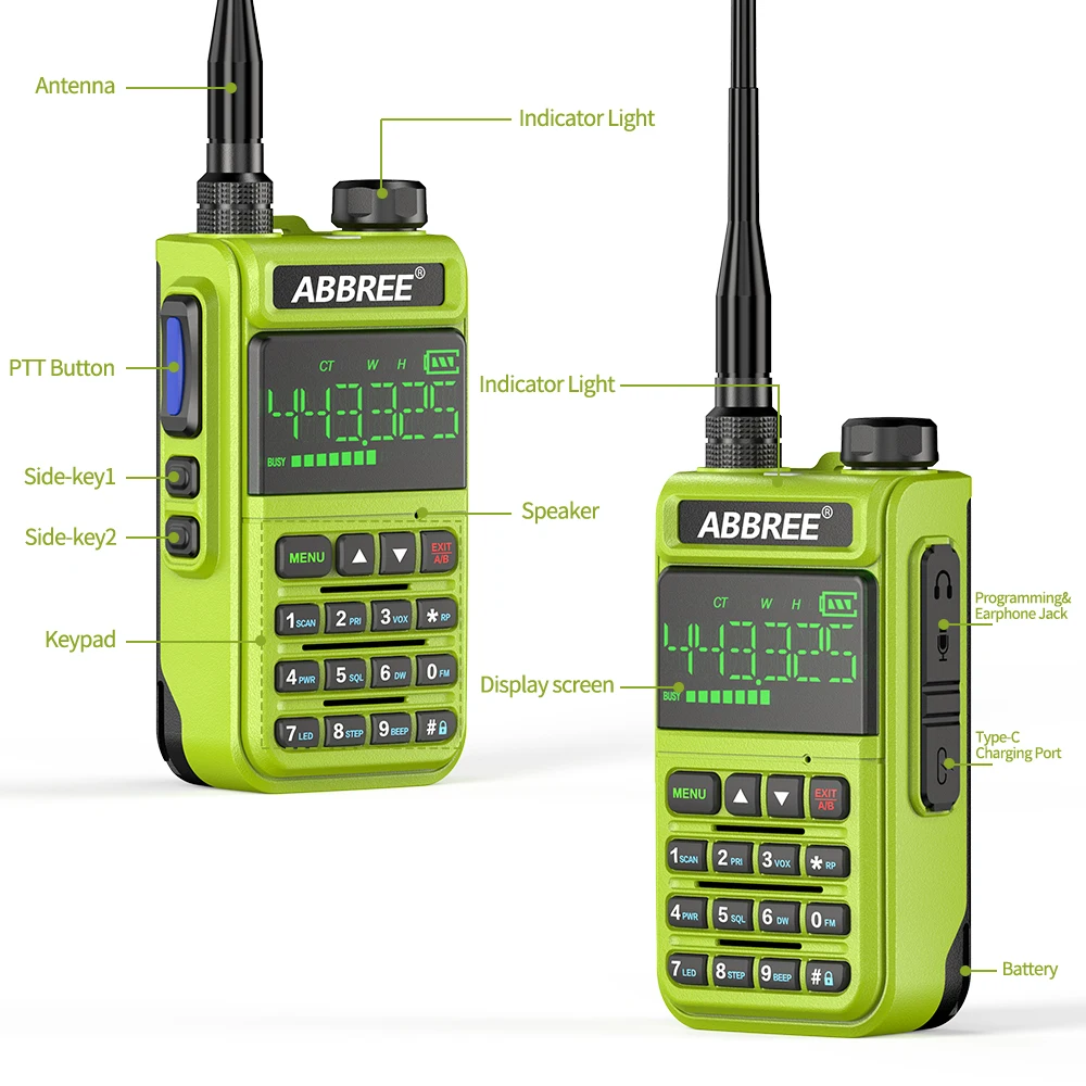 2022.ABBREE AR-518 108-660MHz Full Band Air Band 1.77in Large Screen Wireless Copy Frequency Type-C Charger Ham Radio Walkie