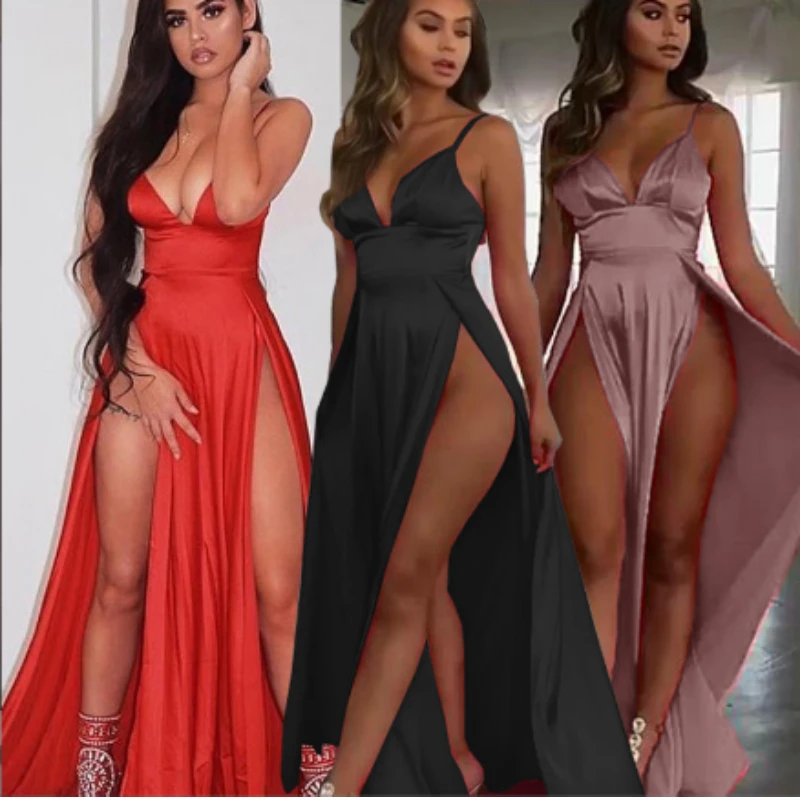 

Satin Sexy Low Cut Corset Show Legs Nightclub Party Party Women's Dress Evening Dress Long Sling Dress