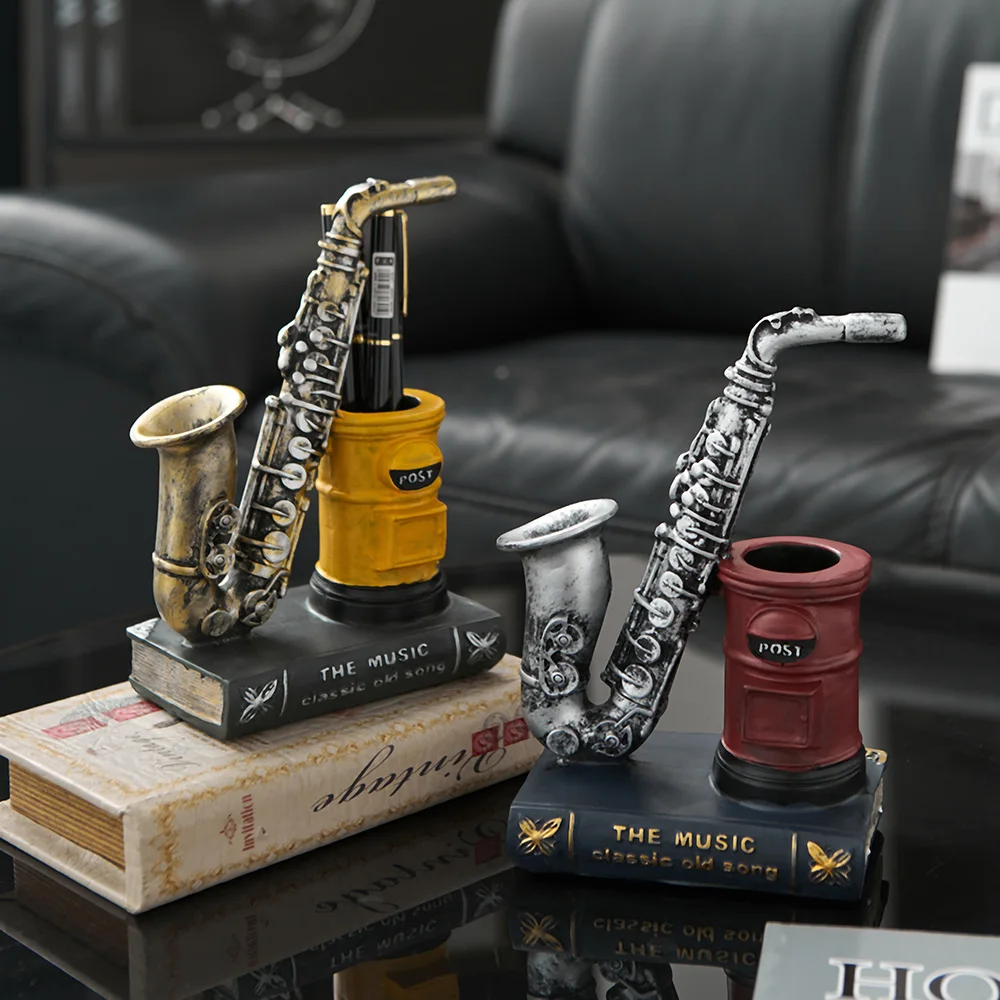 

Эстетический дизайн музыкальных инструментов, декоративный контейнер для ручек в форме саксофона, домашний декор, полимерные настольные фигурки, настольные аксессуары