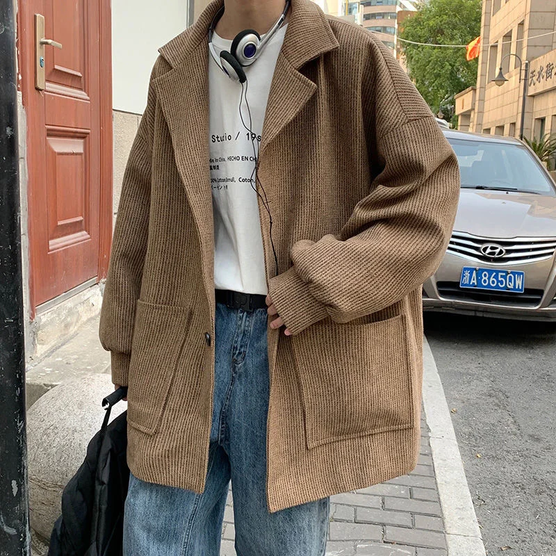 

Autumn Winter Woolen Coat Men Warm Fashion Casual Short Woolen Coat Men Korean Loose Oversized Woolen Jacket Mens Overcoat M-3XL