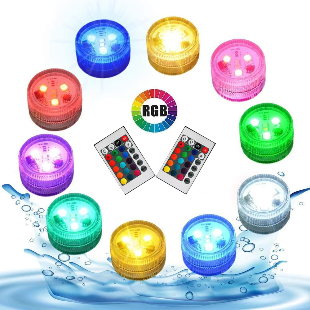 

10Pcs Submersible LED Lights with Remote Full Waterproof Pool Lights Color Changing Underwater Lights for Ponds Vase Aquarium