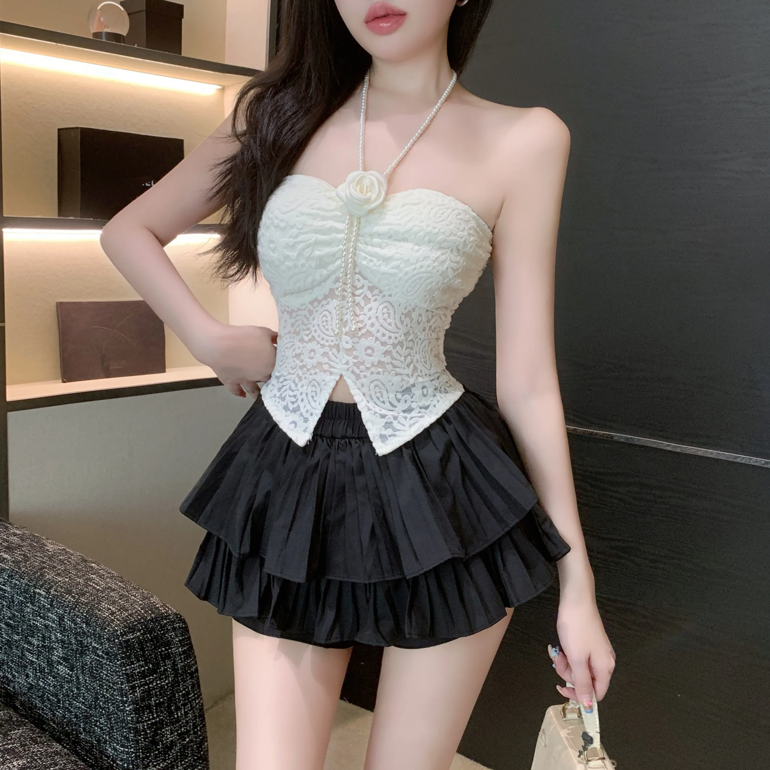 Маленький флокированный кружевной топ-труба Pure Desire с жемчужной цепочкой и