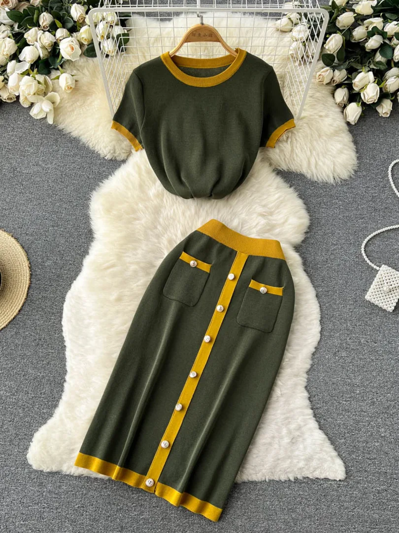 

Foamlina Women Knitted Two Piece Set 2022 Summer Knitwear Casual O-neck Short Sleeve Top + Elastic Waist Midi Pencil Skirt Suits
