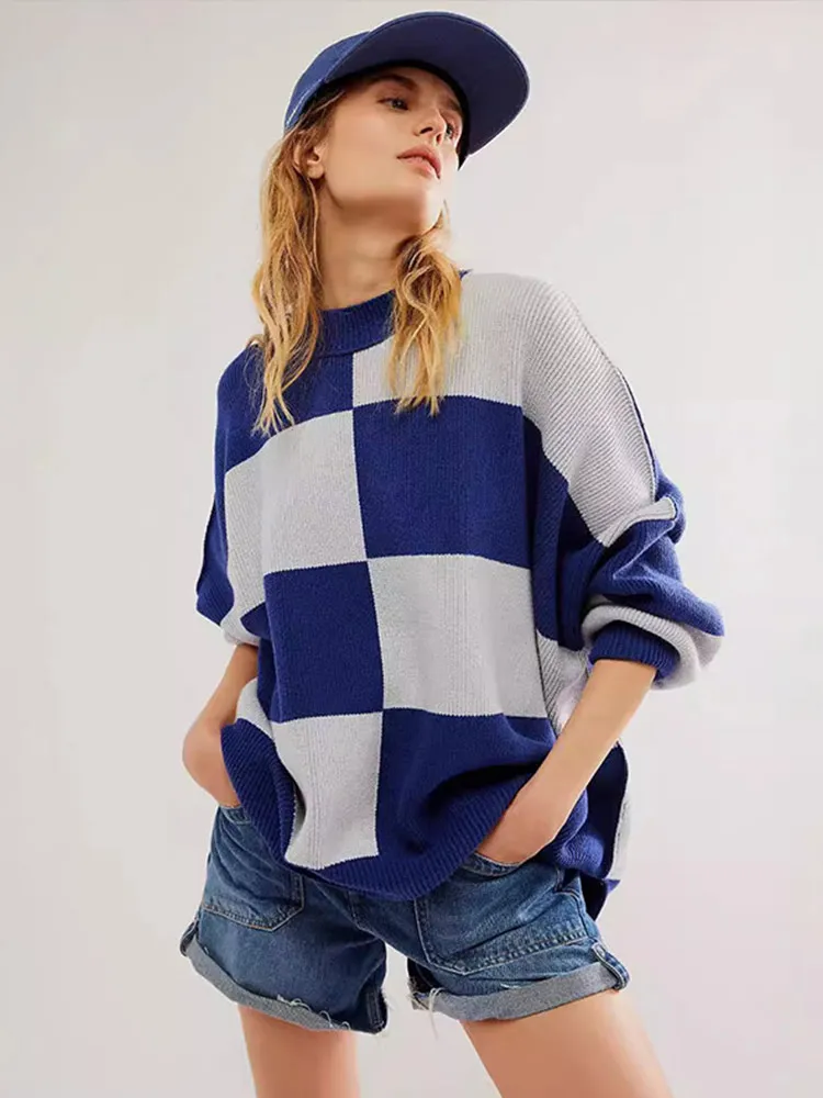 Повседневные вязаные свитера в клетку Женский винтажный свободный мягкий