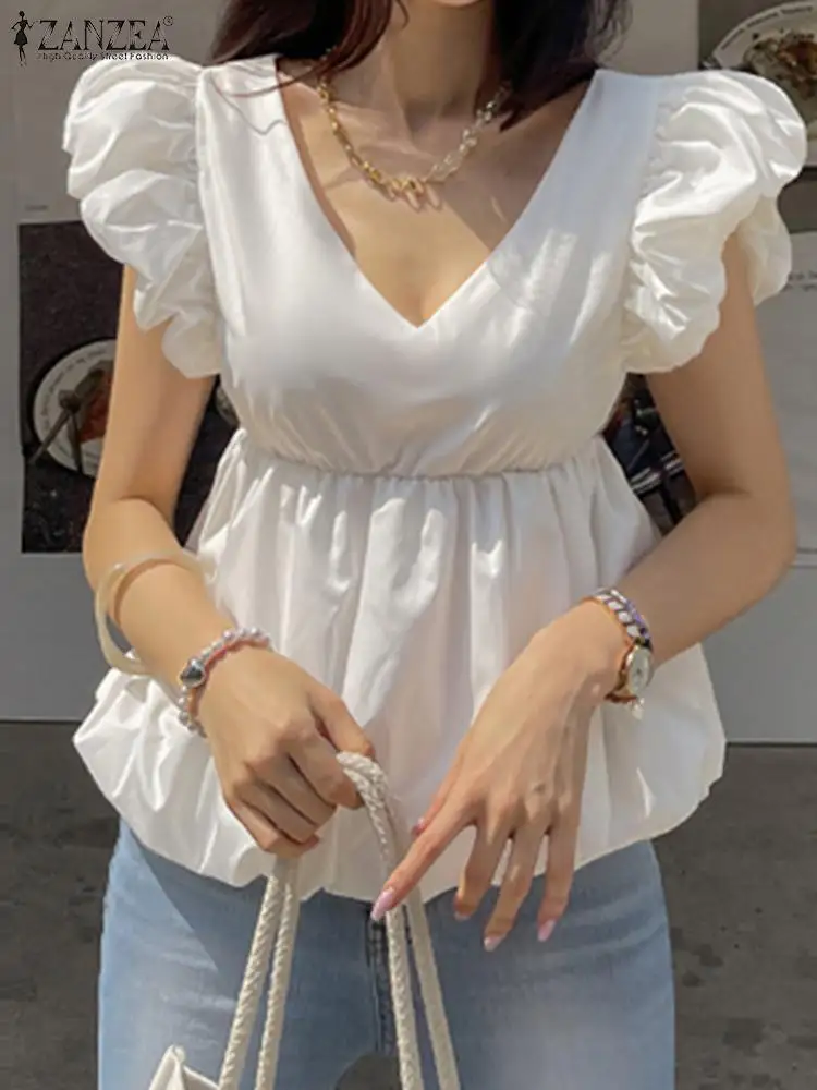 

Блузка ZANZEA Женская трапециевидная с V-образным вырезом и рукавами-фонариками