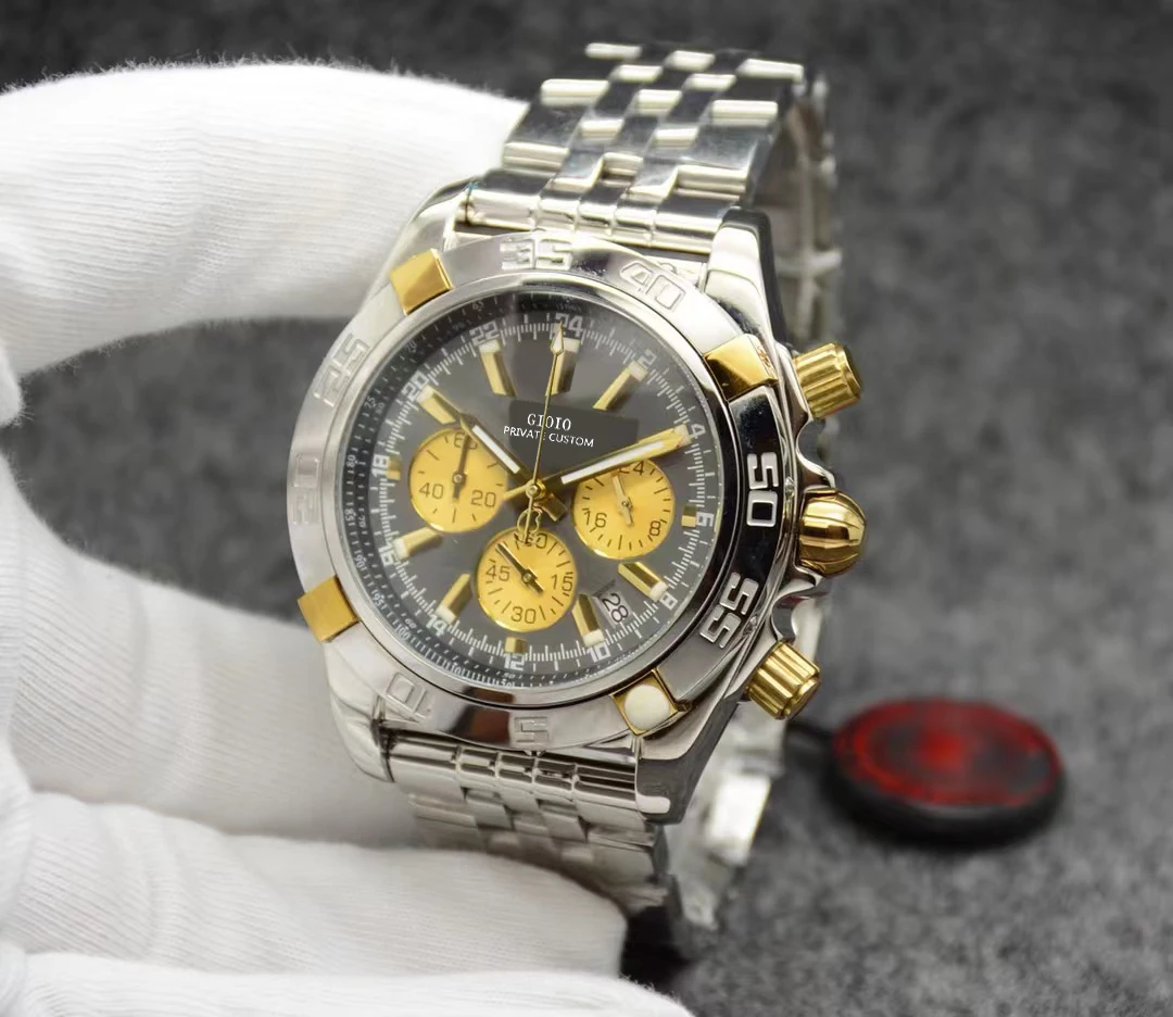 

Mens Quartz Chronograph Watch Black Blue Gold leather