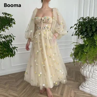 booma beige embroidery lace midi prom dresses square neck long puff sleeves a line wedding party dresses ankle length prom gowns