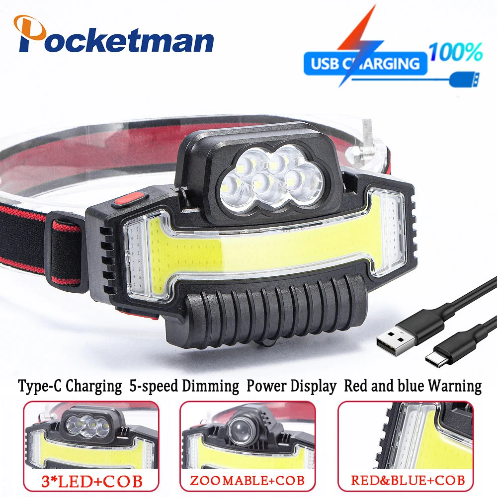 

Powerful USB Rechargeable Headlight 5 LED+COB LED Headlamp 5 Switch Modes Waterproof Headlamps Head Flashlight with Battery