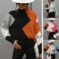 2022 new winter womens knitted sweater elegant fashion long sleeve patchwork o neck loose female pullover e2262