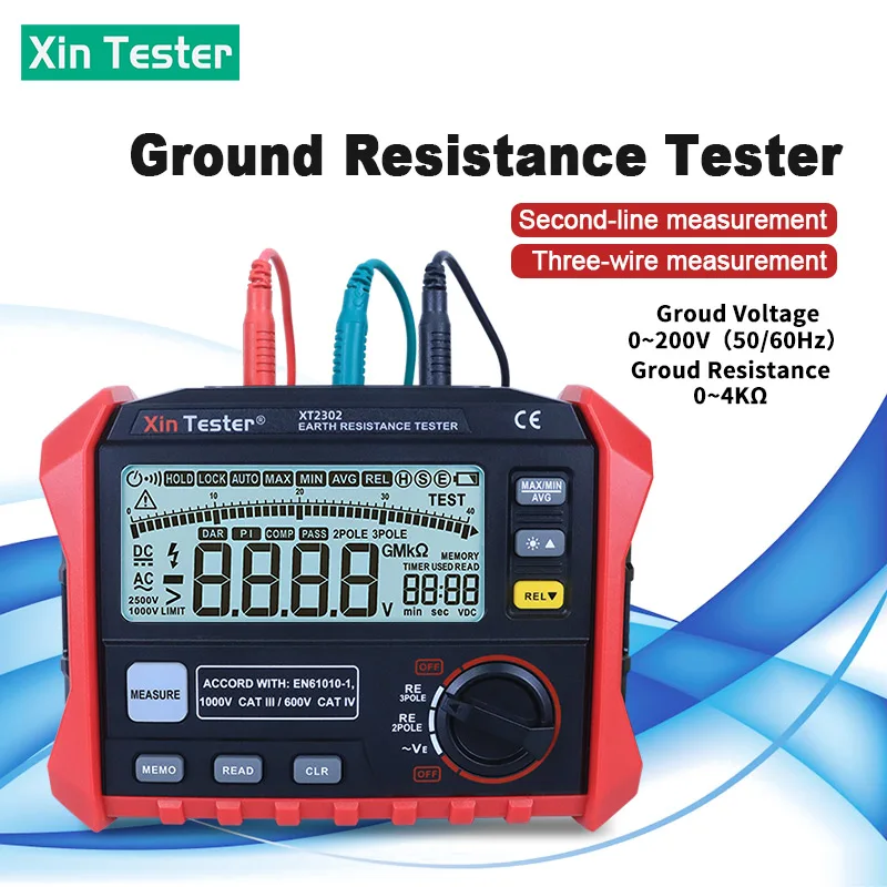 

Xin Tester XT2302 Earth Resistance Tester Digital Ground Resistance Meter Ohm LCD Backligh Voltage Tester 0 ohm-4K ohm