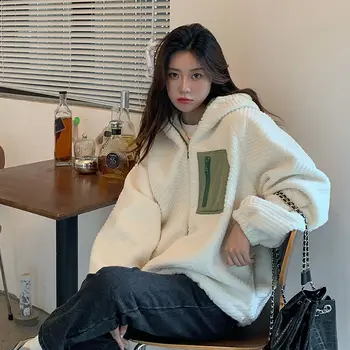 Faux Rabbit Fur Jacket with Hood Women Oversized White Cute Zipper Fashion Korean Fashion Streetwear Woman Elegant Chic Coats