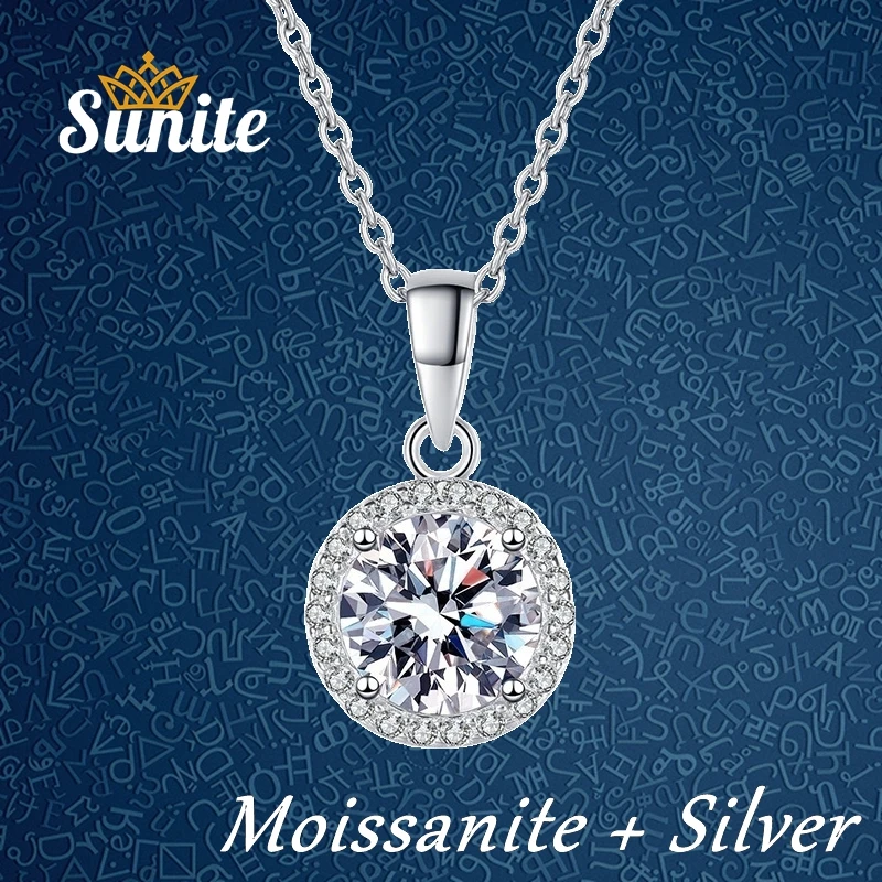 

Sunite 1.0ct Moissanite Diamond Round Necklace Pendant For Women Girls Gold Plated 925 Sterling Silver Lover's Gift Fine Jewelry