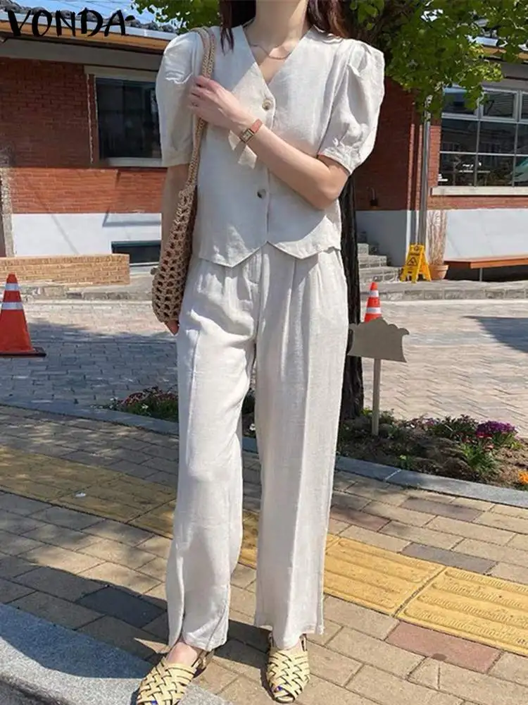 

Women Pant Sets Elegant Pant Suits 2022 VONDA Vintage V Neck Casual Blouse Tops And Trouser Wide Leg Pants Ropa De Mujer Femme