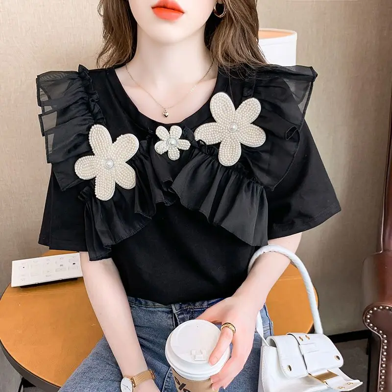 

Fashion O-Neck Spliced Beading Ruffles Folds Blouse Female Clothing 2023 Summer New Casual Pullovers Short Sleeve Sweet Shirt