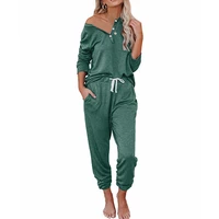 women solid color loose 2 piece suit spring button o neck strapless pullover top mid waist pocket pencil pants trousers suit