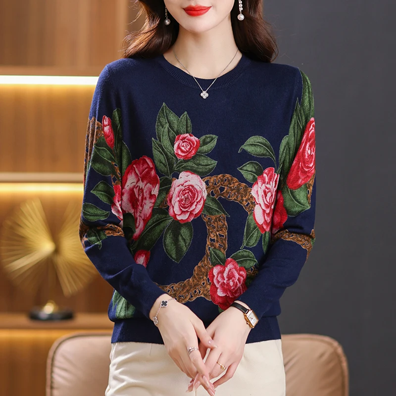 

Женский трикотажный свитер с цветочным принтом, в Корейском стиле