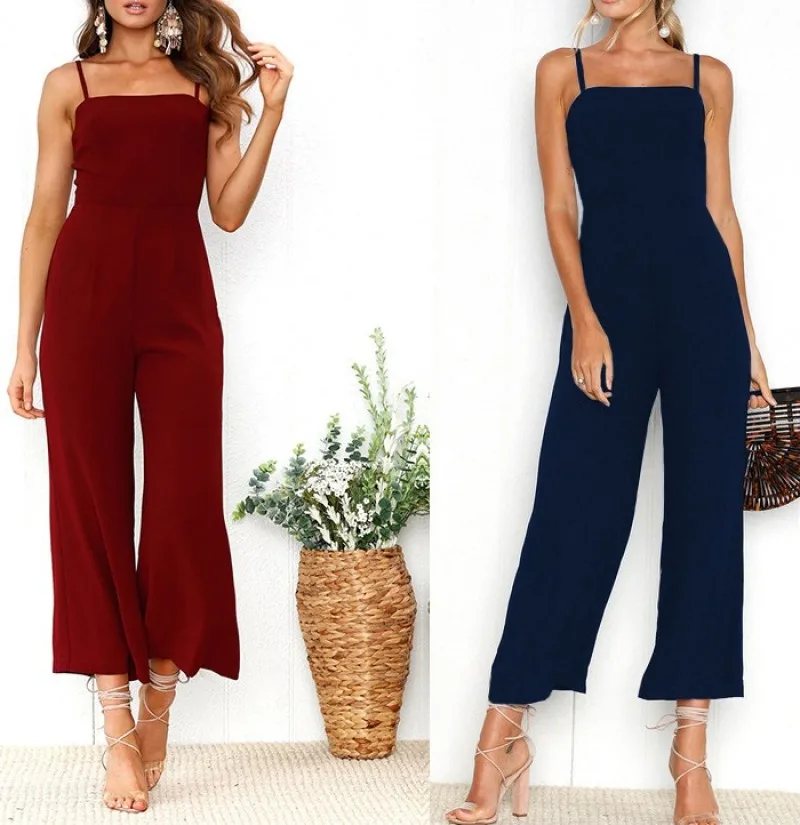 Women's New Solid Color Jumpsuit Streetwear Fashion Sexy Strap Backless Sleeveless Wrap Chest Zipper Elastic Loose Wide Leg Pant