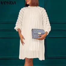 VONDA Vestido plisado informal elegante para mujer, vestidos plisados lisos con cuello redondo, manga larga abombada, Vestido de verano corto forrado A mujer (3)