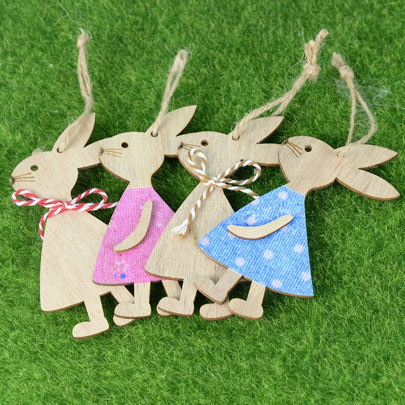 

4pc/set Easter Wooden Bunny Hanging Ornament Spring Pink Bunny Print DIY Crafts Easter Home Party Decorations Supplies Kids Gift