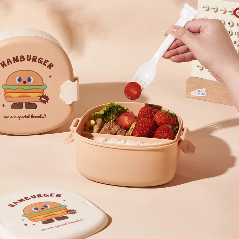 

New Creative Burger Printed Lunch Box Kids Kawaii Portable Bento Box with Spoon Fork Cute Food Container for Students Children