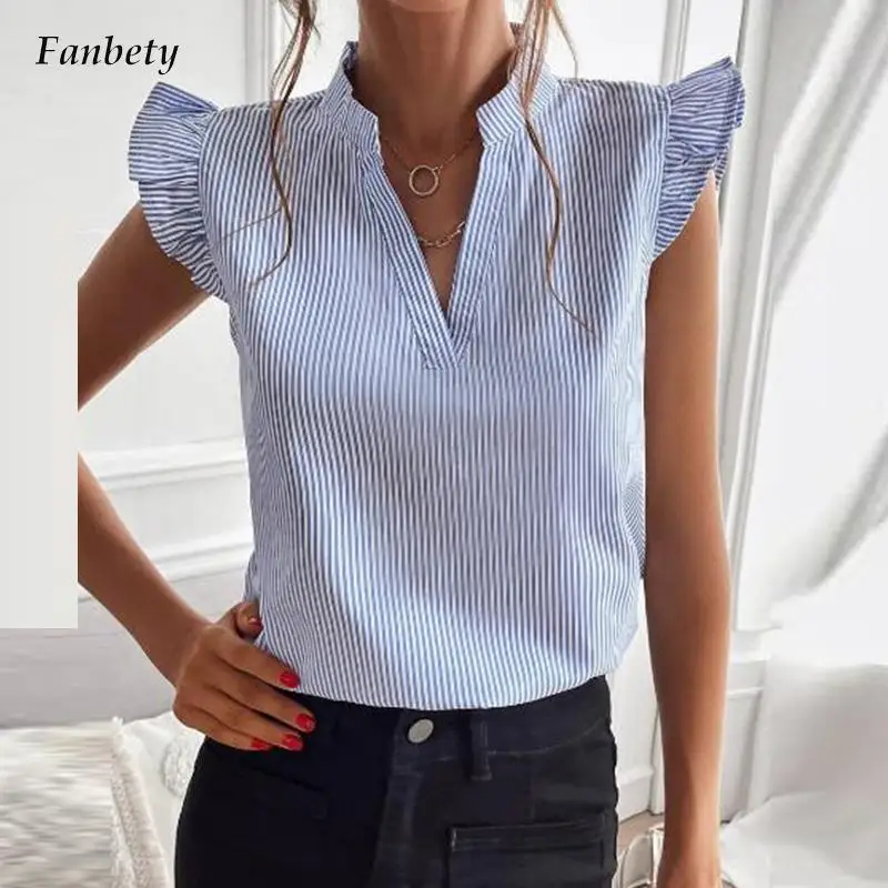 

Блузка женская однотонная в полоску, Элегантный Модный пуловер свободного покроя с рукавами-фонариками, пикантная рубашка с V-образным выре...