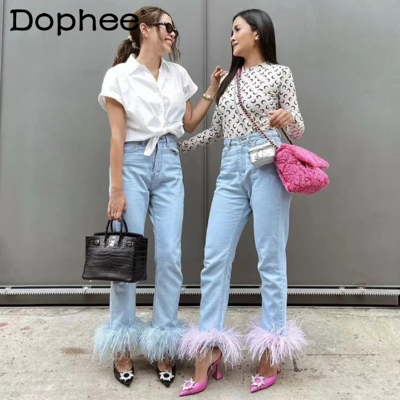 Feather Tassel Stitching High-Waist Blue Jeans Women 2022 Spring Summer New Cotton Stretch Straight Cropped Denim Pants Street