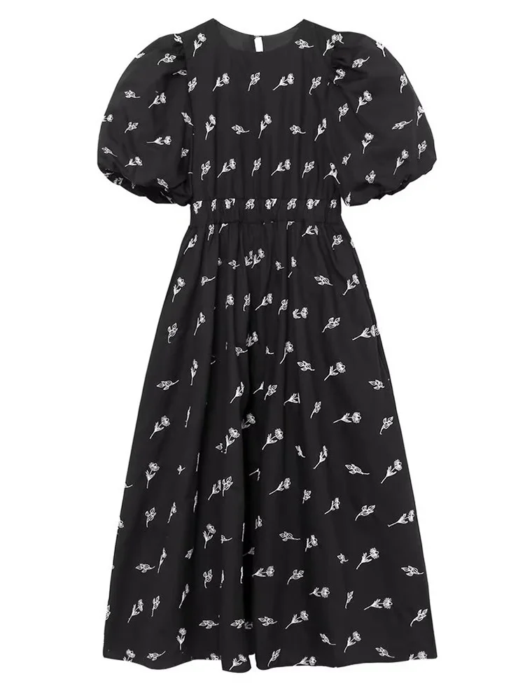 

Женское платье-миди с цветочной вышивкой, черное винтажное платье с рукавами-фонариками и круглым вырезом, модель 2023