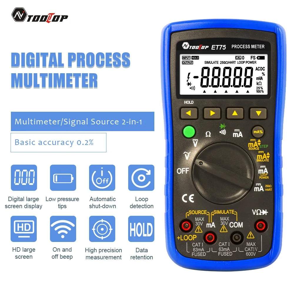 TOOLTOP ET75 Process Multimeter Signal Source 2 in 1 Loop Supply Simulate Transmitter Ohm Diode Multifuction Process Calibrator