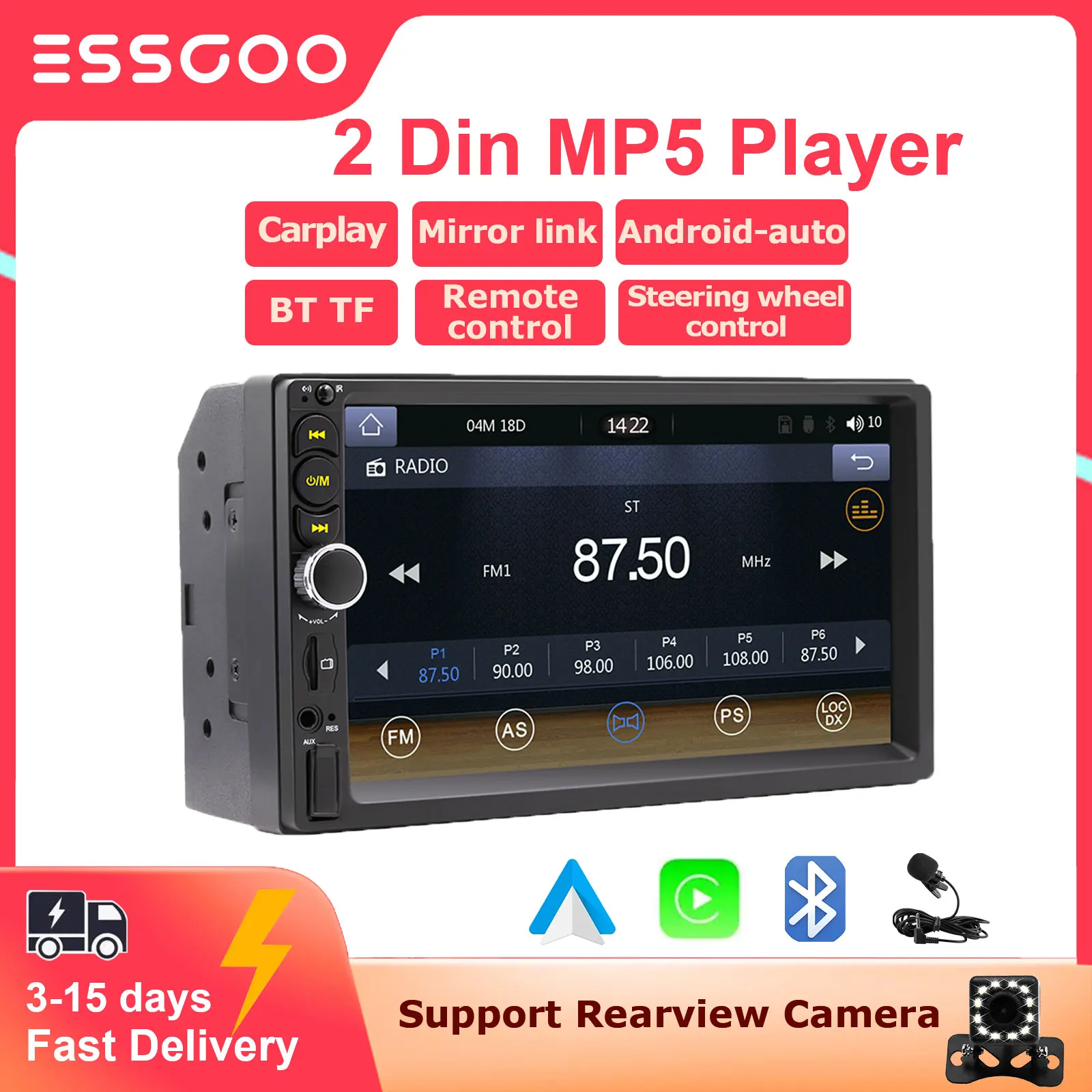 

ESSGOO 2Din MP5 Player Car Radio Carplay Android-Auto Autoradio Stereo 7 Inch Touch Screen Bluetooth Universal Multimedia Player