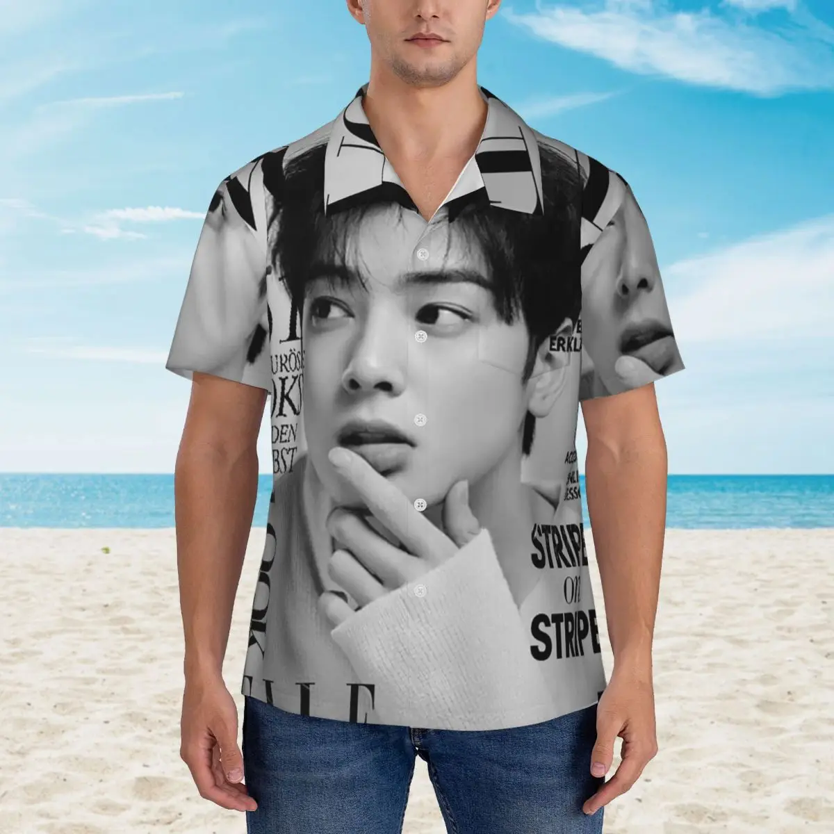Фото Мужская модная гавайская рубашка Cha EunWoo Kpop Astro с коротким рукавом для лета и пляжа, с отложным воротником №4