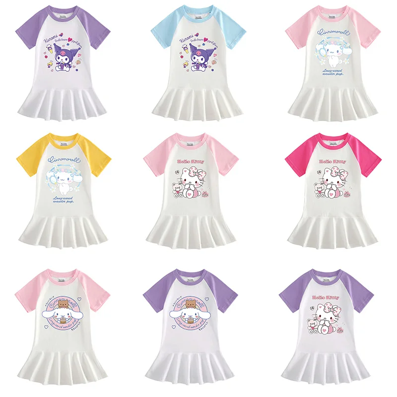 

Kawaii Sanrio Hellokitty Dress Anime Cinnamoroll Kuromi Summer Girls Princess Dress Kids Short Sleeve Dress Cartoon Gown T-Shirt