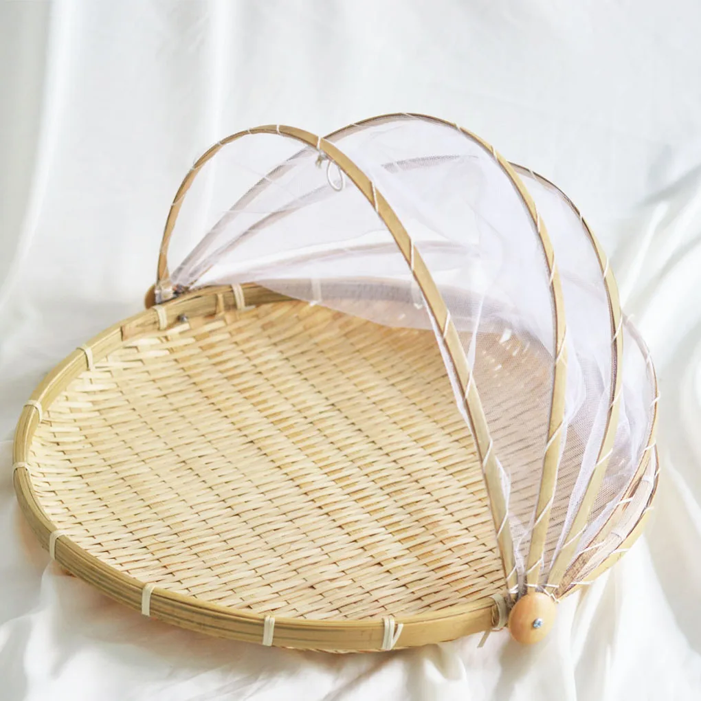

Hand-woven Bamboo Insect-Proof Dust-Proof Basket Picnic Round Dustpan Vegetable Fruit Bread Mesh Gauze Cover Basket