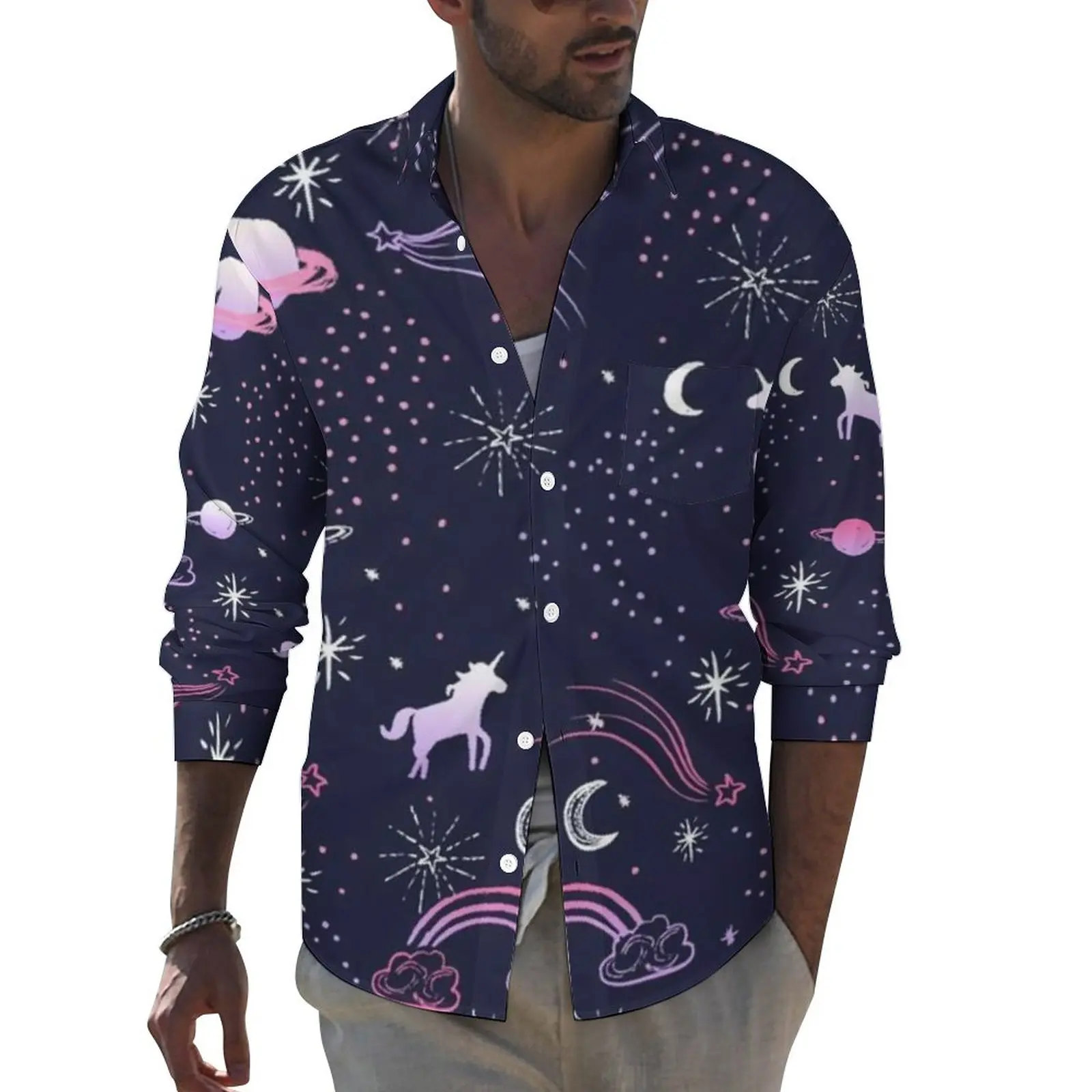 

Повседневная рубашка Y2K с единорогом в космосе, мужская рубашка с мультяшным Омбре, осенние модные блузки с длинным рукавом, одежда оверсайз с графическим принтом
