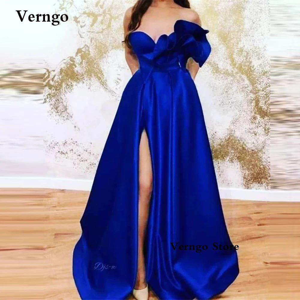 

Verngo Royal Blue One Shoulder Satin A Line Evening Dresses Long Prom Gowns Leg Slit Women Formal Party Dress Robe de soiree