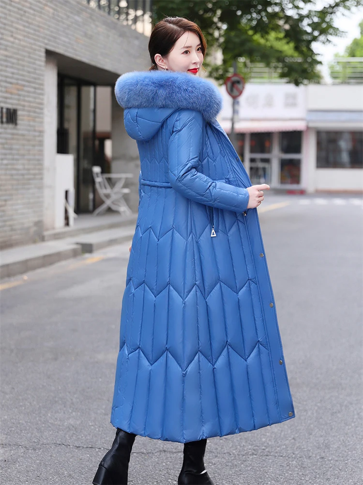 New Women Dress-style Down Coat Winter Fashion Real Fox Fur Collar Lengthened Thicken Down Jacket Detachable Hooded Overcoat