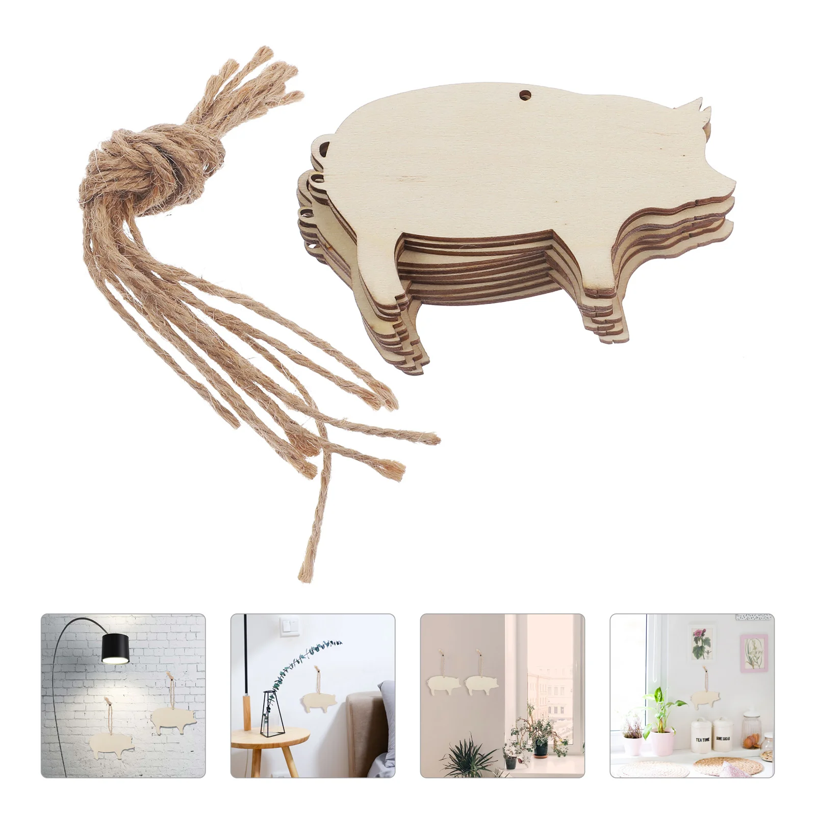 

10pcs Wood Pigs Pieces Embellishments Unfinished Wood Chips Wooden Cutouts DIY Craft Name Tags Slices Patches Pendant with Ropes