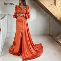 sumnus orange vintage satin evening gown puff sleeves pearls arabic mermaid dubai formal dress long side split vestidos de noche