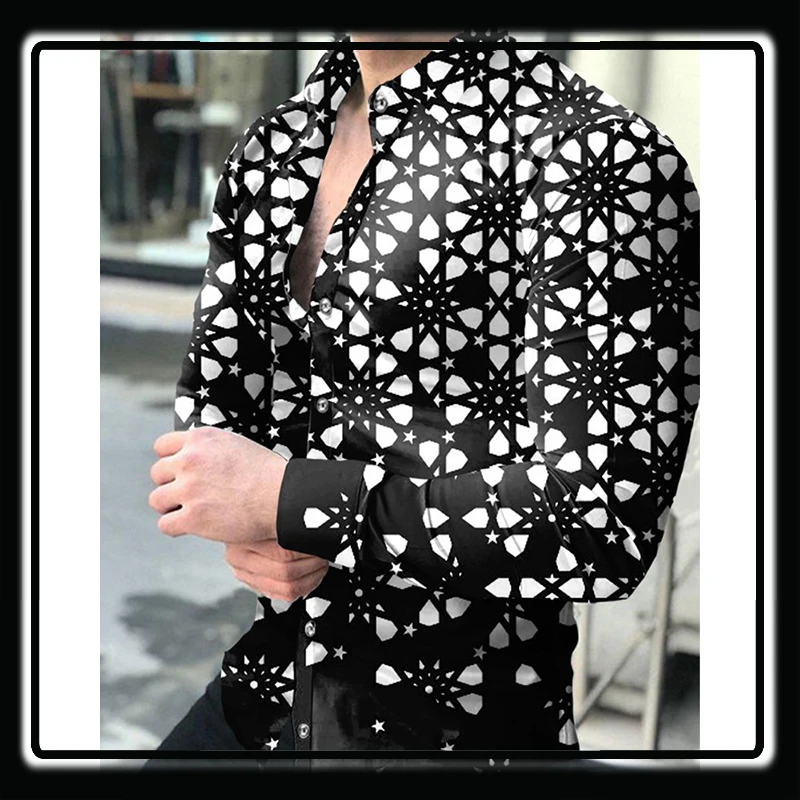 Social Luxury Men Shirts Turn-down Collar Buttoned Shirt Long Sleeve Tops Mens Clothes Slim Fit Party Cardigan Print Rose Casual