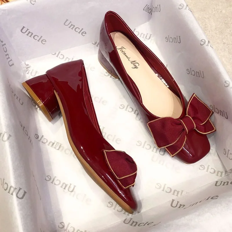 

Bow Red Single Shoes Women 2023 New Square Toe High Heels Women Pumps Thick Heel Single Shoes Mid-heel Wedding Shoes Party Shoes